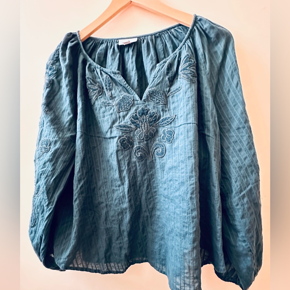 J. Jill Teal Cotton Embroidered Long sleeved Blouse